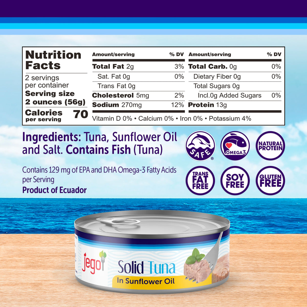 Jego Solid Tuna in Sunflower Oil Keto Low Carb Gluten Free Soy