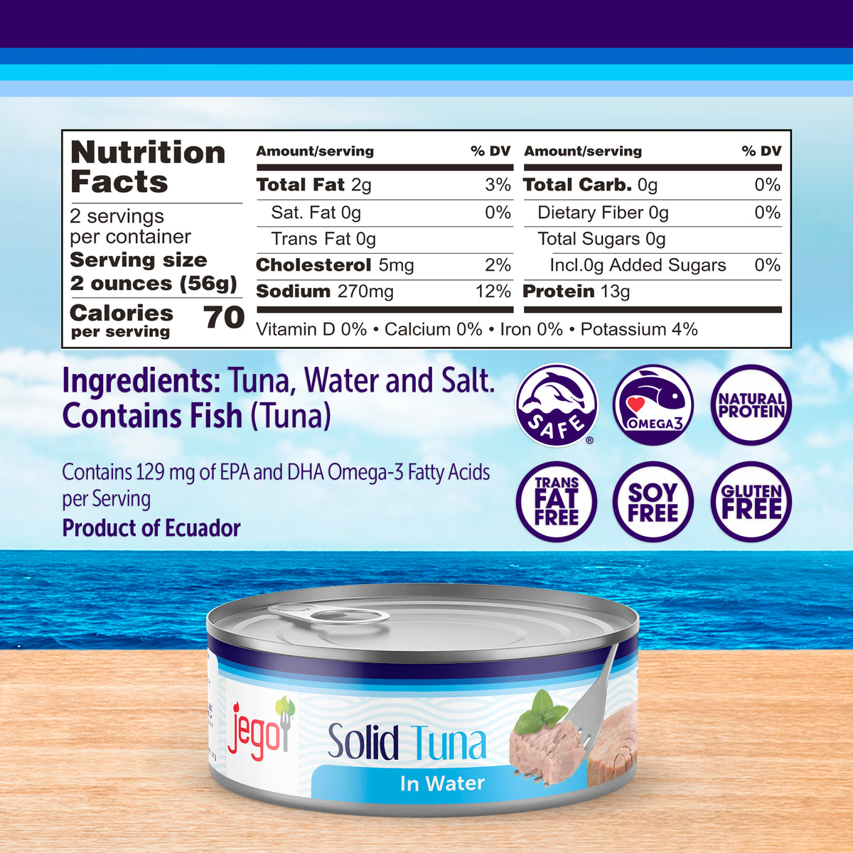 Jego Solid Tuna in Water Keto Low Carb Gluten Free Soy Free Jego Life